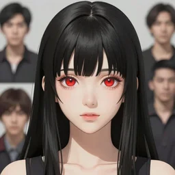 portrait Anime girl, cute-fine-face, long black-hair and bangs, pretty face, red eyes, realistic shaded Perfect face, fine details, anime, realistic shaded lighting by Ilya Kuvshinov katsuhiro otomo ghost-in-the-shell, magali villeneuve, artgerm, rutkowski, WLOP, Jeremy Lipkin and Giuseppe Dangelico Pino and Michael, Garmash and Rob Rey