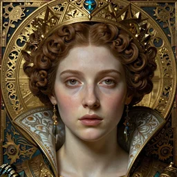 detailed realistic beautiful young medieval queen face portrait by jean delville, evelyn de morgan, gustav klimt, and marco mazzoni, art nouveau, symbolist, visionary, gothic, preraphaelite, realistic smooth polished porcelain, ultrasharp hyperdetailed photorealistic octane render, ornate gothic icon with heavy patina