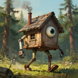 a walking mech wood house with two mechanical legs and one big eye, smoky chimney, rust, hyperrealistic, highly detailed, cinematic, single ray of sun, morning, pareidolia, dynamic composition, gravity falls style, ghibli style, beautiful, pine trees in the background, cgssociety, artstation, 8 k, oil painting, digital art