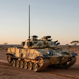 mobile camoflaged rugged weather station sensor antenna on tank treads, for monitoring the australian desert,  XF IQ4, 150MP, 50mm, F1.4, ISO 200, 1/160s, dawn