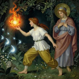 smiling hapa sorceress in trousers wearing trousers casting a fireball and chasing will-o-wisps in a garden, orthodox saint, by Arnold Böcklin, breathtaking digital 2d cover art