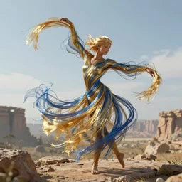 a dancing humanoid has a body made of millions of thin ribbons and threads of translucent gold and blue fabric that are twisting, swirling, unraveling, and pulling apart in the wind of an ancient landscape, highly detailed, fantasy character, cycles render