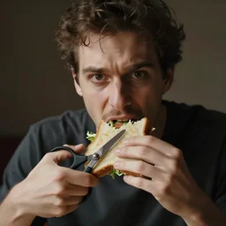 a man struggling to eat a sandwich because his hands are scissors
