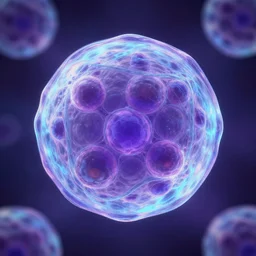 iridescent biology cell, glowing, digital painting, concept art, artstation, purple and blue color scheme