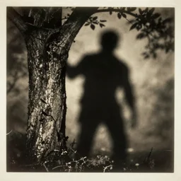 shadow monster hiding behind a tree, vintage photo, eerie, 1920s