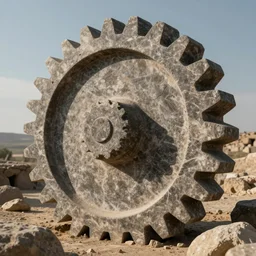 A thick giant stone cog being discovered by archeologists, detailed