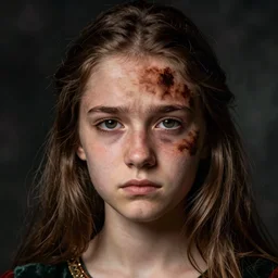 a large brown birthmark covering half the face of a teenage medieval girl, unhappy, portrait, photography, moody, long brown hair