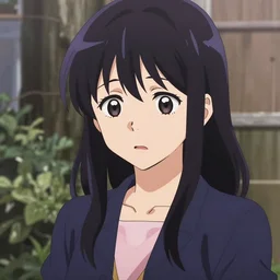 A girl in her mid 20s forcing a smile from a sad expression, FLCL style, full color