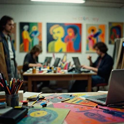 dramatic scene shallow depth of field medium shot uncanny surreal photograph of a colorful intimate art studio in 1 9 9 5 titled'crowd and colors way ', photographed by william eggleston and ken price and man ray, grainy shocking detail trending on artstation 8 k