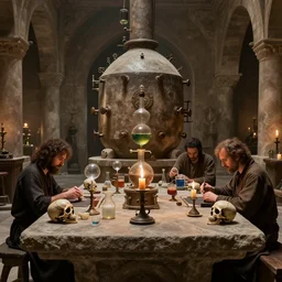 a complex ancient alchemists interior, 4 k, stone table, alchemist working, skulls, giant athanor, alembic, beakers full of liquid, knobs, glass orbs, candle lighting, octane render, natural color scheme, architectural photography, f 3 2, still from movie by guillermo del toro