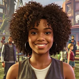 highly detailed portrait of black girl with puffy curly hair smiling looking at the camera in gta v, stephen bliss, unreal engine, fantasy art by greg rutkowski, loish, rhads, ferdinand knab, makoto shinkai and lois van baarle, ilya kuvshinov, rossdraws, tom bagshaw, global illumination, radiant light, detailed and intricate environment
