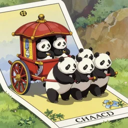 a chariot drawn by pandas in japan, 1990s anime, full color, tarot card the chariot,