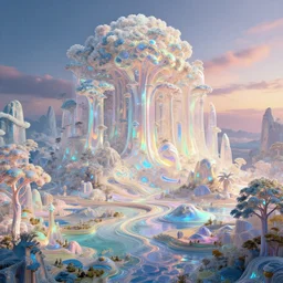 highly detailed holographic iridescent glowing erhereal sci fi world with forests deserts oceans, at dusk, by gilbert williams, by simon stalenhag, by beeple, by bruce pennington, by moebius, octane render, with many different pastel shades of blue pink orange yellow green, beautiful volumetric lighting, prismatic