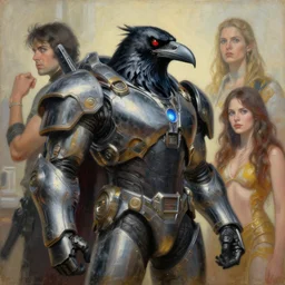 portrait of evil raven wearing power armor. intricate painting by ross tran, magali villeneuve, and jeremy mann.
