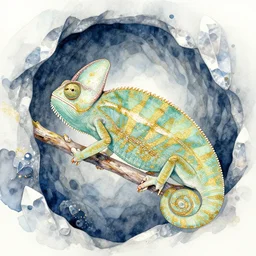 faerie chameleon in a crystal cave. this watercolor and gold leaf work by the award - winning mangaka has a beautiful composition and intricate details.