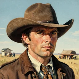 outlaw cowboy, with a massive hat, pulp book cover character art, portrait. artwork by robert k. abbett, harry bennett, ernest chiriacka, mitchell hooks, robert mcginnis