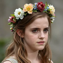 “Emma Watson close up shop, mystical, fantasy, with flower crown”