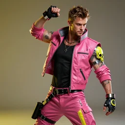 cyberpunk photorealistic character, tech wear outfit, wearables, dancer, handsome, similar to chris hemsworth, pink and yellow, edgy, skull stamp, piercing, awe inspiring, artstation hd, 8 k, detailed, intricate, ornate, studio lights, golden ratio, masterpiece