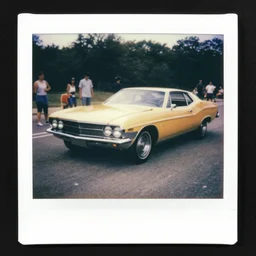 old polaroid of a retro futurist car crash, people on the road