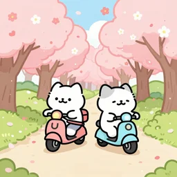 a cute artwork of two chibi cats riding scooters through a forest of cheery blossom trees, procreate