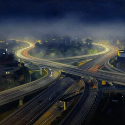 Tangled elevated highways, stunning Charles Sheeler painting, nighttime, misty