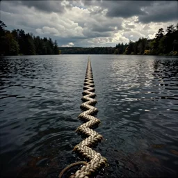 centered photograph of a infintely long rope zig zagging across the surface of the water into the distance, floating submerged rope stretching out towards the center of the lake, a dark lake on a cloudy day, color film, trees in the background, hyper - detailed photo, anamorphic lens
