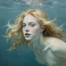 Painting of Elle Fanning underwater, long blonde hair, delicate, pale milky white porcelain skin, by Johannes Vormeer. 8K. Extremely detailed.