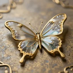 Steampunk butterfly translucent glass gold metal on table texture macro HDR