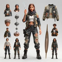 samara weaving as a wanderer with tattooed arms and legs wearing a scratched and partially ripped aviator outfit full of patches, sometimes wearing a scarf, smoking a cigarette, wearing a band aid on her nose, character sheet, details, props, concept design, contrast, hot toys, kim jung gi, greg rutkowski, zabrocki, karlkka, jayison devadas, trending on artstation, 8 k, ultra wide angle, pincushion lens effect