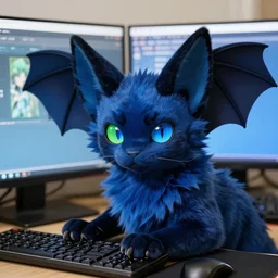 a blue - and - black male blue / green heterochromatic catbat fursona with blue / green heterochromatic eyes ( differently - colored eyes, one green, one blue ) and huge bat ears, photo of the catbat streaming on his computer