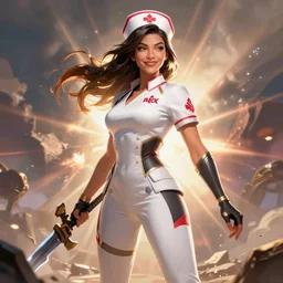 Nurse Carmen Electra  as an Apex Legends character digital illustration portrait design by, Mark Brooks and Brad Kunkle detailed, gorgeous lighting, wide angle action dynamic portrait