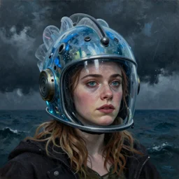 Elle Fanning wearing a jellyfish helmet in the style of Paola Vetri, head and shoulders portrait, stormy weather, extremely detailed masterpiece, oil on canvas, low-key neon lighting, artstation, Blade Runner 2049, Roger Deakin’s cinematography, by J. C. Leyendecker and Peter Paul Rubens and Edward Hopper and Michael Sowa,