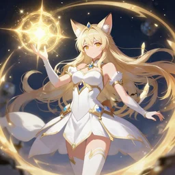 A Foxgirl white mage casting holy magic, highly detailed fantasy anime artwork