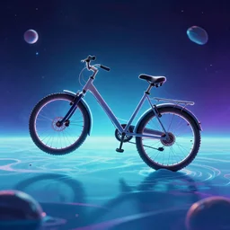 broken bike floating in colorful space like water, backlit, outer space, vaporwave