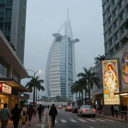 a street in hong kong with burj al arab in the background, misty evening, fantasy art, highly detailed matte painting, low angle view, telephoto lens 2 0 0 mm, by stanley artgerm lau, greg rutkowski, thomas kinkade, alphonse mucha, loish, norman rockwell, artstation