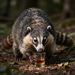 coati drinking a whisky bare hands