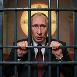 shocked putin in prison cage, hyper - realistic, sharp focus, depth of field, hyper - detailed visionary art, symmetric, hell, holy halo, dramatic ambient lighting, high detail, vibrant colors, the thing 1 9 8 2