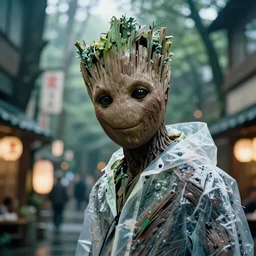 Cinestill 50d, 8K, highly detailed, guardians of the galaxy groot style 3/4 extreme closeup portrait, eye contact, focus on clear transparent raincoat model, tilt shift zaha hadid style forest background: famous blade runner remake, tokyo izakaya scene
