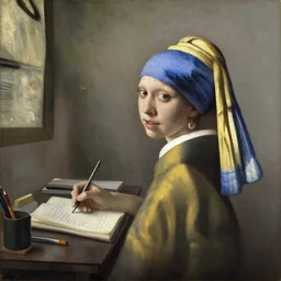 a beautiful painting of lofi girl studying at her desk by Johannes Vermeer trending on Artstation