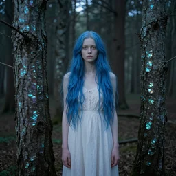pale woman portrait with blue hair standing in a forest with iridescent tree bark, myst, dawn, dramatic lighting, gerald brom, nekro borja, rembrandt, alphonse mucha,