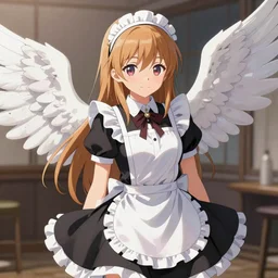 a beautiful anime girl wearing a maid outfit, she has angel wings, anime key visual, trending on pixiv