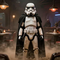 star wars film still of a dirty stormtrooper wearing a black cloak, standing in a cantina, dust, scum and villainy, rim light, embers, hyper detailed, smooth, high contrast, concept art, volumetric lighting, ralph mcquarrie, doug chiang, ryan church