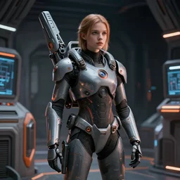 a beautiful girl in the sci - fi heavy suite, deep space, gray and orange colours, landing gear, avatar, cinematic keyframe. by fausto de martini, wadim kashin. ultra realistic, cinematic light, ue 5, featured on artstation, octane render, sharp focus, ray tracing, artstationhq, cgsociety, cinematic 8 k.