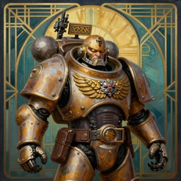 Art Deco painting portrait of space-marine in Art Deco architecture style high detail warhammer 40k