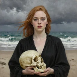 Elle Fanning in a black robe holding a skull on the beach, head and shoulders portrait, stormy weather, extremely detailed masterpiece, Roger Deakin’s cinematography, oil on canvas, Edward Hopper,