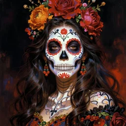 illustration of a sugar skull day of the dead girl, art by frank frazetta