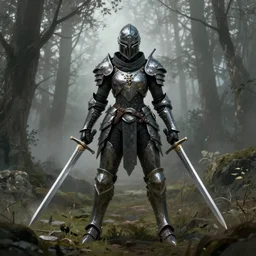 a matte painting, a helmeted female warrior, wearing battle worn mechanic armor, wielding twin swords, misty forest, the forest plains of north yorkshire, good value control, concept art, digital painting, sharp focus, knight, sci-fi elden ring, symmetrical, single character full body, 4k, illustration, glowing eyes, rule of thirds, centered, moody colors, moody lighting