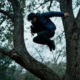 a psychotic person with a cool jacket jumping down a tree