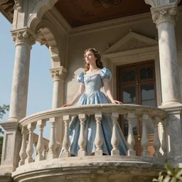 A high fantasy teenage princess, wearing a dress and standing on a palace's balcony, by Peter Mohrbacher and Craig Mullins, full shot, official media, beautiful, detailed, high quality, wallpaper 4K, epic, trending on artstation and behance, dynamic lightning