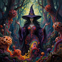 the witch in the woods, fluid, smooth, organic, crazy, bright, colours, tumours, high contrast, sharpness, dramatic, very detailed, intricate, by giger and corben and moebius and beksinski and bosch and bacon
